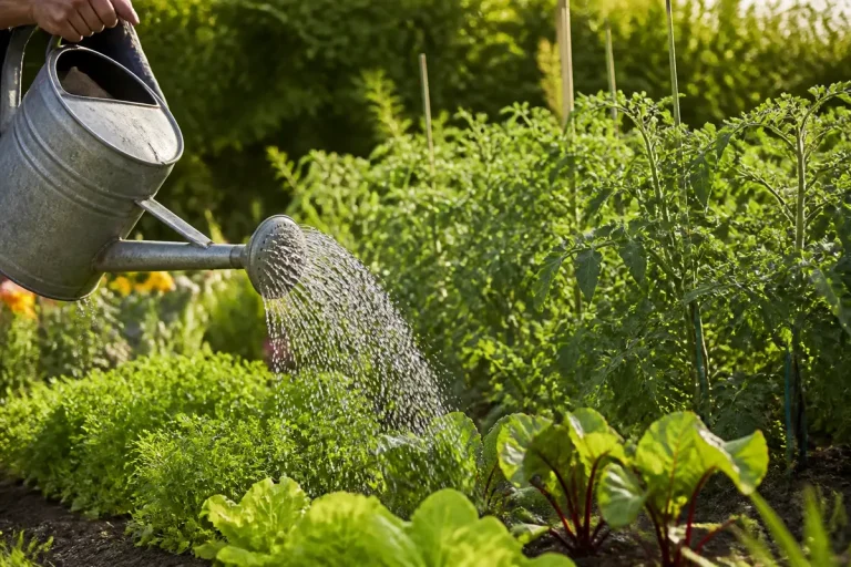 Arrosoir arrosant un jardin luxuriant de légumes et plantes pour l'arrosage au jardin
