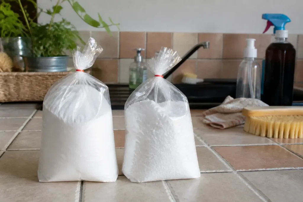 Deux sacs de poudre blanche sur plan de travail, produits ménagers en arrière-plan, cuisine carrelée.