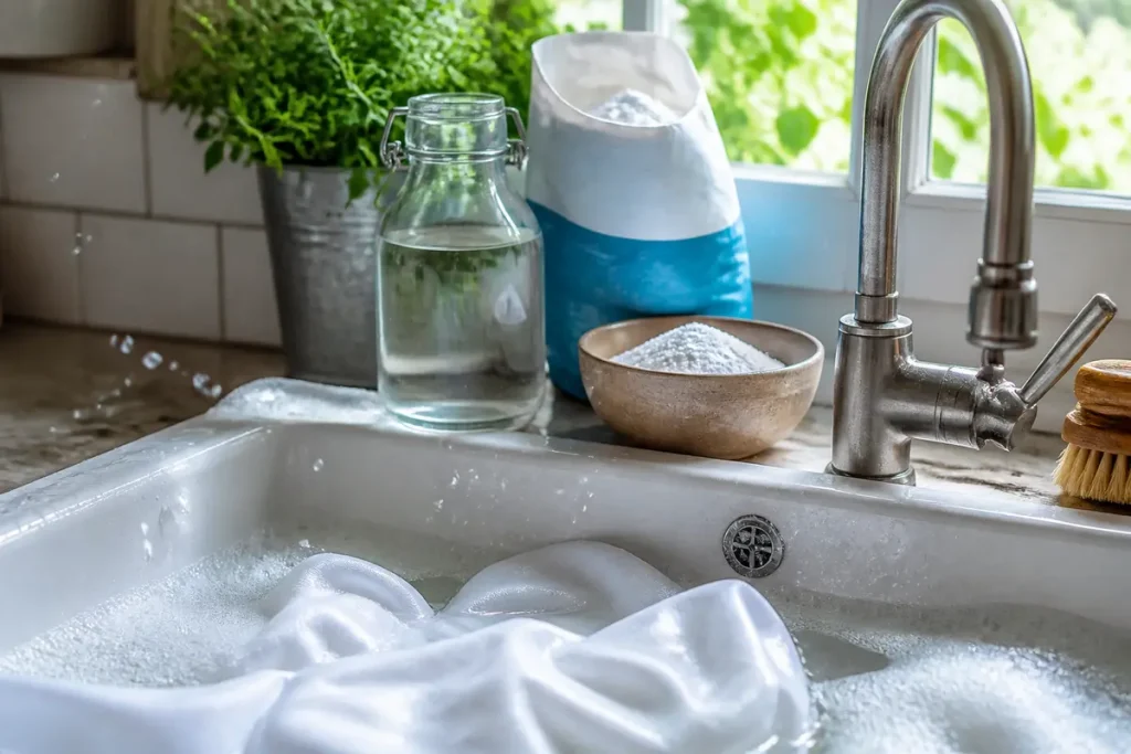 Évier avec linge savonneux, pot de poudre, bouteille d'eau, brosse, plante verte en arrière-plan.