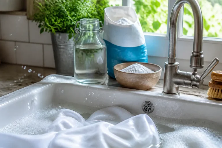 Évier avec linge savonneux, pot de poudre, bouteille d'eau, brosse, plante verte en arrière-plan.