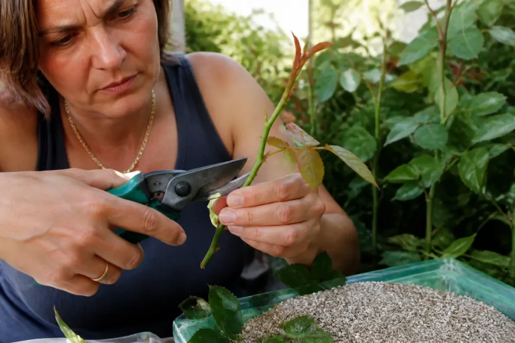 Personne coupant une bouture de rosier avec des ciseaux de jardinage pour le bouturage