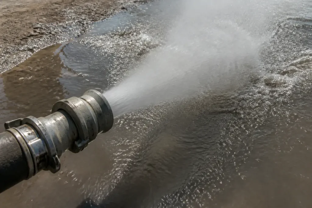 Gros plan d'un tuyau d'incendie projetant de l'eau sur une surface mouillée.
