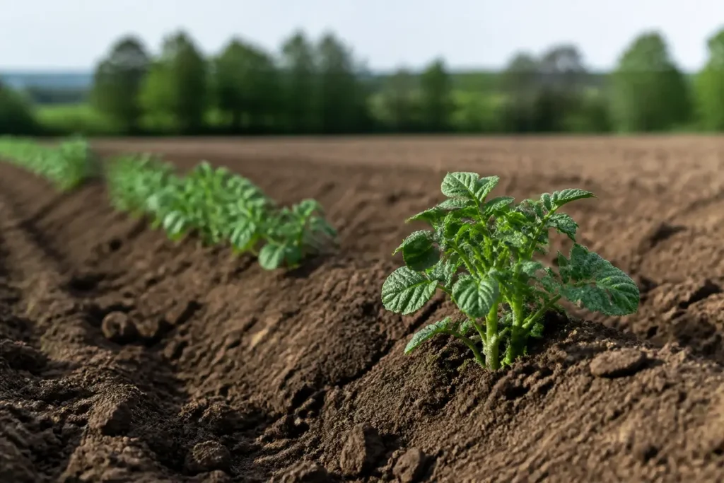 Jeunes plants de pommes de terre alignés sur sol fertile, fond flou de verdure.