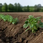 Jeunes plants de pommes de terre alignés sur sol fertile, fond flou de verdure.