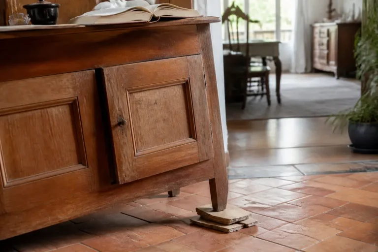 Un meuble en bois calé avec des livres pour stabiliser ses pieds sur le sol carrelé.