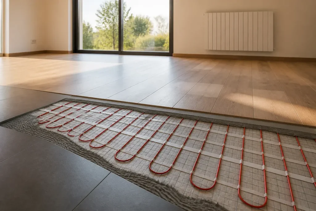 Vue d'un système de chauffage au sol électrique installé dans un salon lumineux