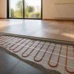Vue d'un système de chauffage au sol électrique installé dans un salon lumineux