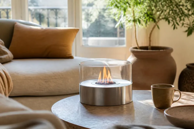 Cheminée de table moderne sur une table basse, ambiance chaleureuse dans un salon lumineux
