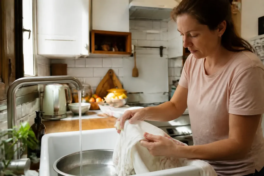 Femme lavant la vaisselle à la main dans une cuisine lumineuse avec évier et robinet d'eau courante.