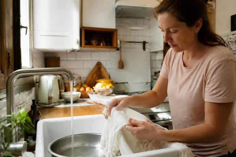 Femme lavant la vaisselle à la main dans une cuisine lumineuse avec évier et robinet d'eau courante.