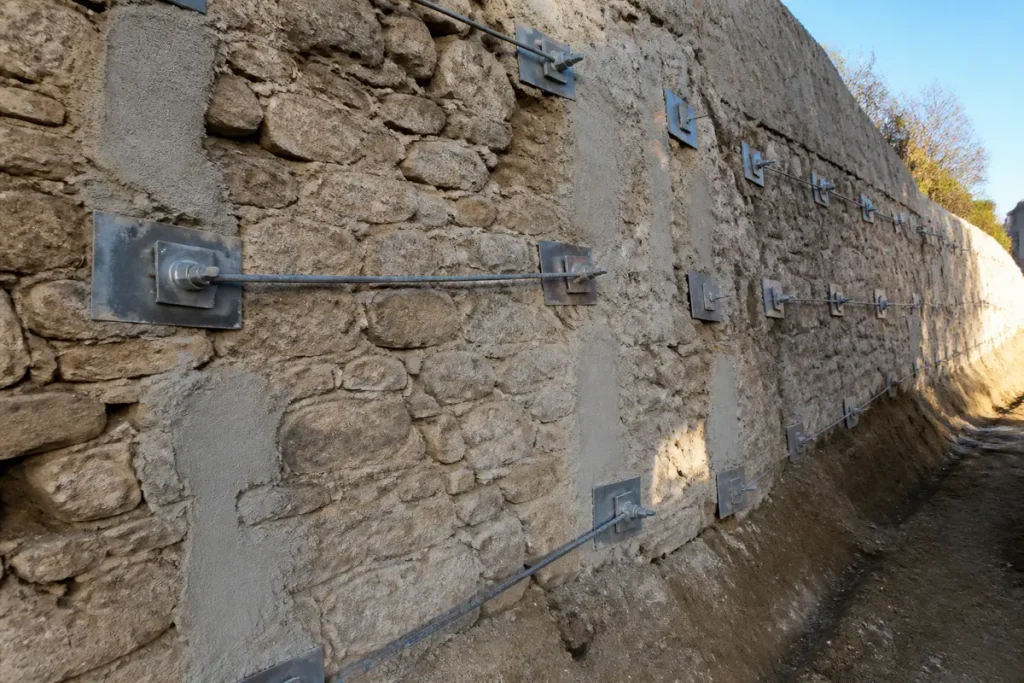 Mur en pierre renforcé par des tirants pour consolider un mur en pierre qui penche
