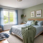 Chambre moderne avec lit et murs verts, illustrant la couleur idéale pour chambre.
