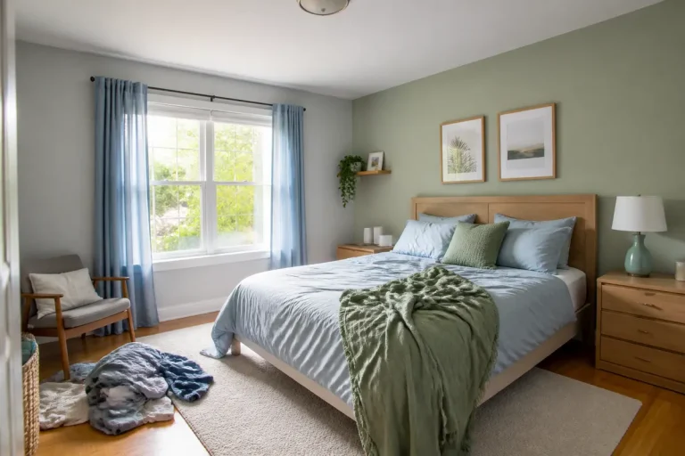 Chambre moderne avec lit et murs verts, illustrant la couleur idéale pour chambre.