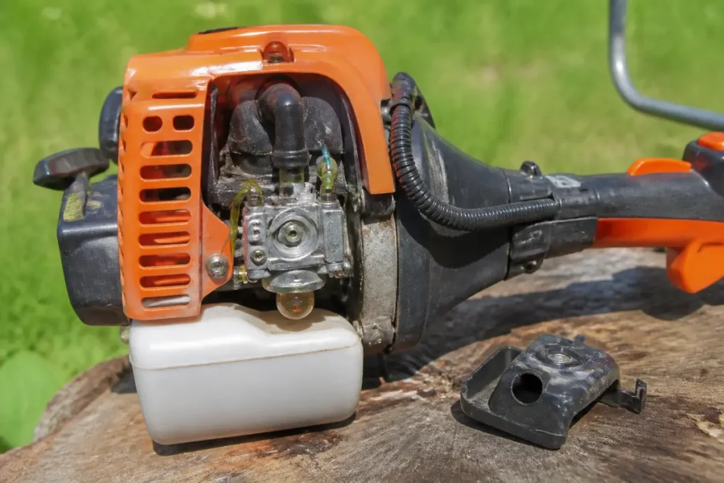 Moteur de débroussailleuse orange posé sur une souche de bois avec fond herbeux flou.
