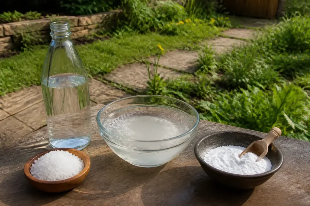Ingrédients naturels pour préparer un désherbant maison écologique sur une table en bois
