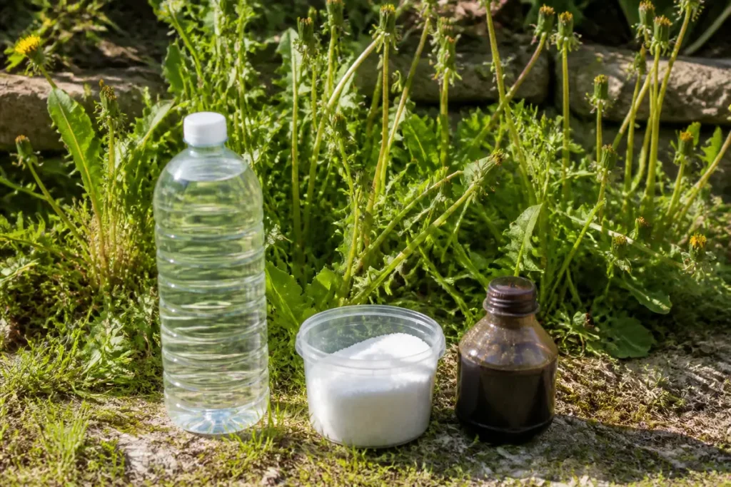 Bouteilles de produits pour désherbant naturel qui tue les racines devant mauvaises herbes.