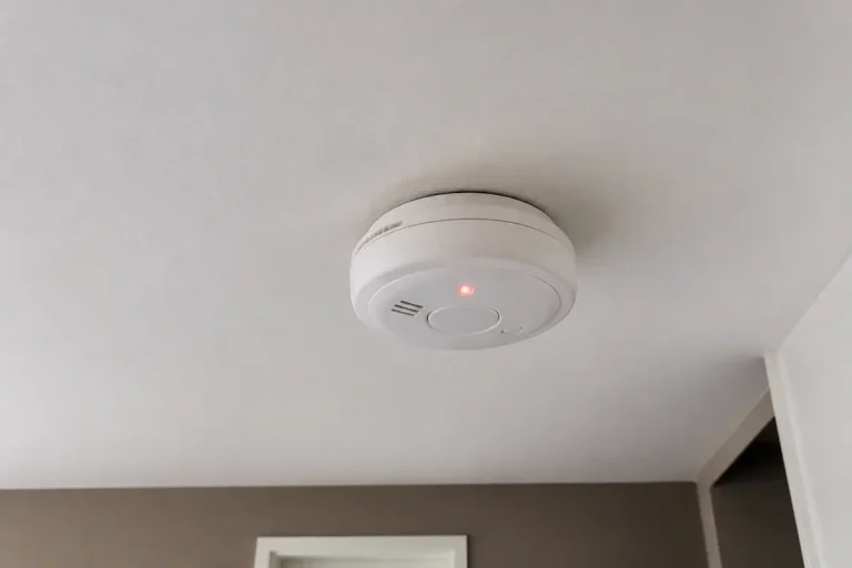 Détecteur de fumée installé au plafond avec témoin lumineux rouge allumé.