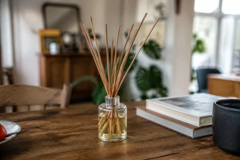 Diffuseur de parfum avec bâtonnets en bois sur une table en bois, intérieur moderne à la décoration sobre.