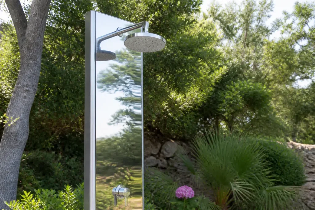 Douche extérieure moderne en acier inoxydable dans un jardin verdoyant et fleuri