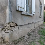 Maison ancienne avec murs fissurés, fondations visibles, fenêtres à volets blancs, terrain herbeux à proximité.