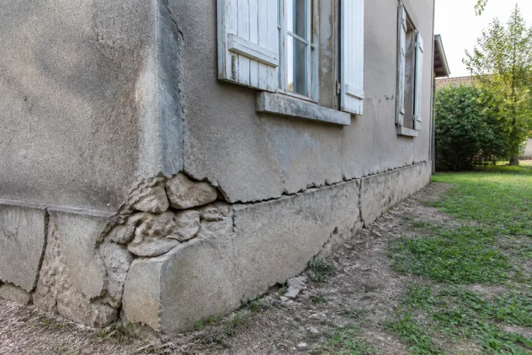 Maison ancienne avec murs fissurés, fondations visibles, fenêtres à volets blancs, terrain herbeux à proximité.