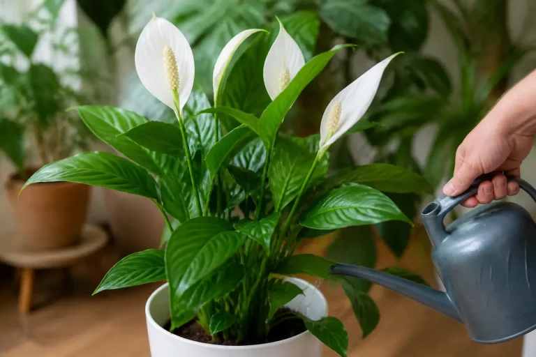 Plante verte avec fleurs blanches dans un pot, arrosée à l'arrosoir gris.