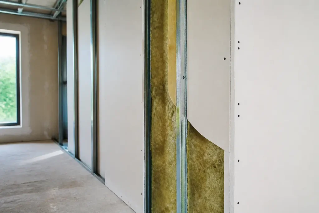 Structure de cloison en construction avec isolant visible, panneau en placoplĂątre, ossature mĂ©tallique, fenĂȘtre en arriĂšre-plan.