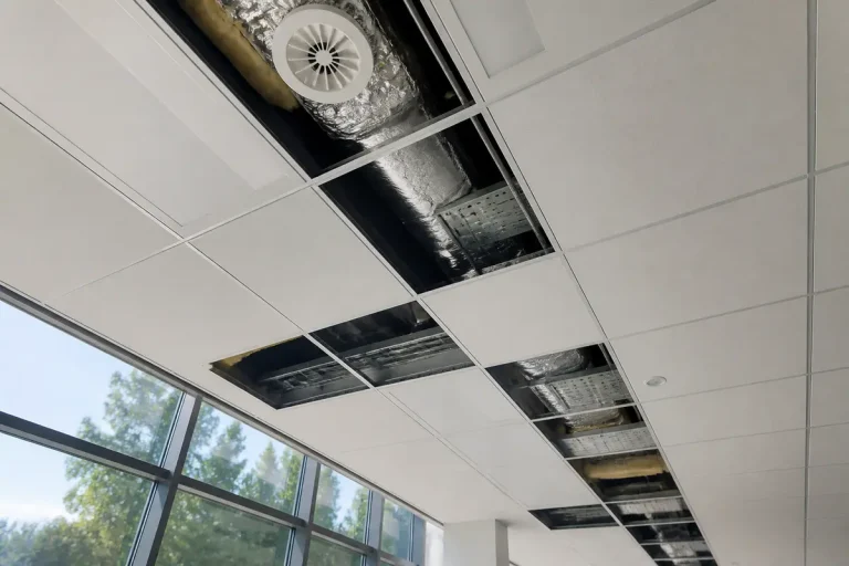 Panneaux de faux plafond retirés, révélant gaines de ventilation et isolation dans un bureau.