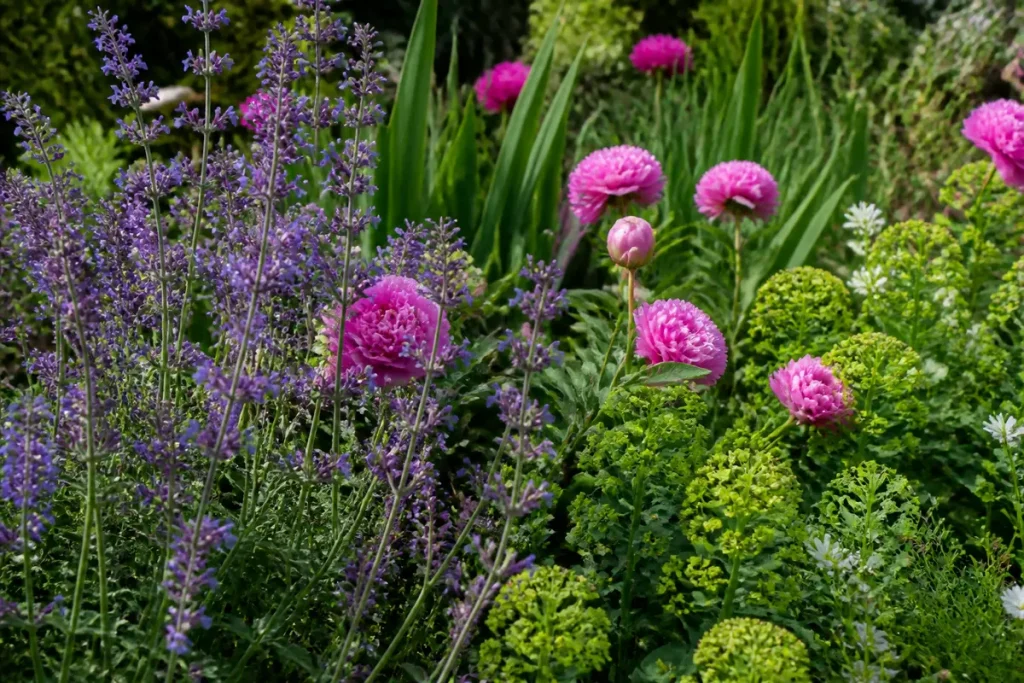 Jardin coloré avec fleurs violettes et pivoines roses entourées de feuillage vert.