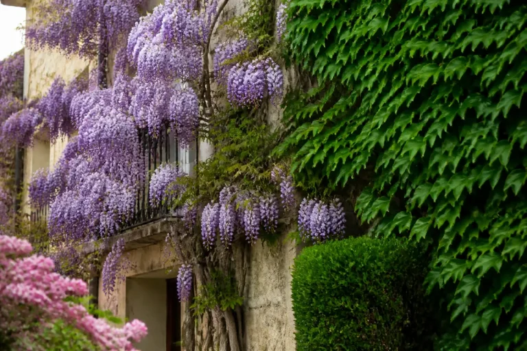 Façade en pierre recouverte de glycines violettes et lierre vert luxuriant, entrée bordée d'arbustes.