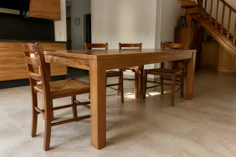 Table en bois avec quatre chaises en cuisine, soulignant la hauteur idéale d'une table à manger