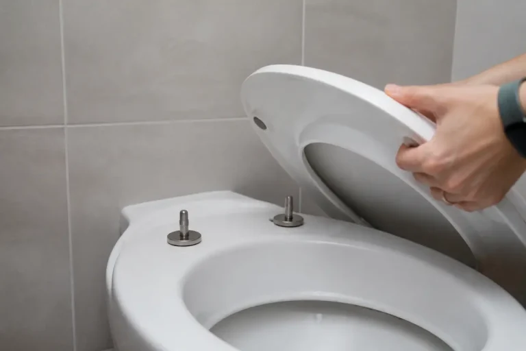Personne installant un abattant de toilette blanc dans une salle de bain moderne avec carrelage beige.
