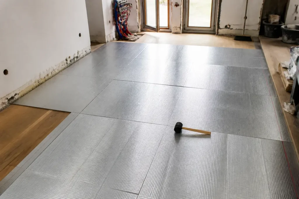 Installation de panneaux isolants au sol dans une pièce avec marteau et parquet visible à gauche.