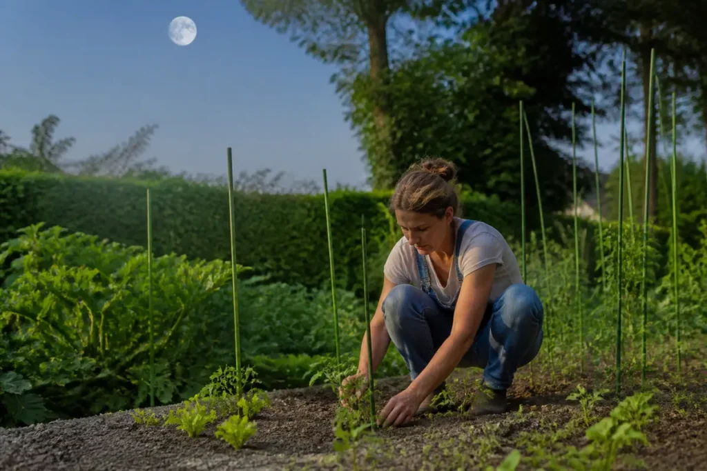 Femme jardine avec la lune, semant graines et plantes dans un potager verdoyant