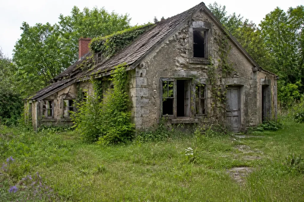 Maison abandonnée en pierre, envahie par la végétation, située dans un cadre rural verdoyant et paisible.