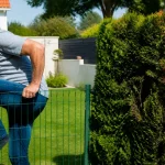 Un homme franchit une petite clôture en métal dans un jardin verdoyant, en plein jour.