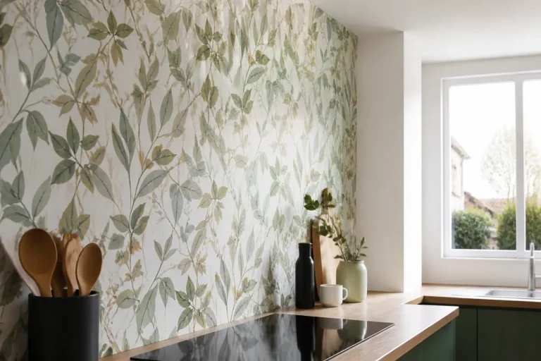 Cuisine moderne avec papier peint à motif végétal, plan de travail en bois clair