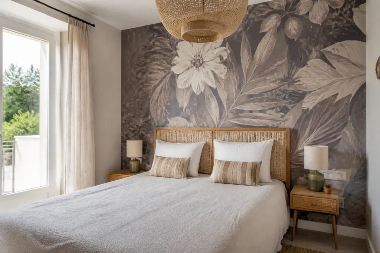 Chambre avec papier peint en tête de lit à motifs floraux et lit double élégant