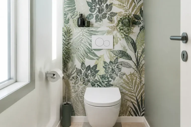Toilettes modernes avec papier peint de feuillage tropical et accessoires minimalistes vert foncé