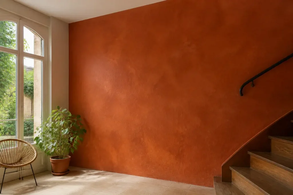 Escalier en bois et mur décorés avec une peinture couleur terracotta chaleureuse et végétation
