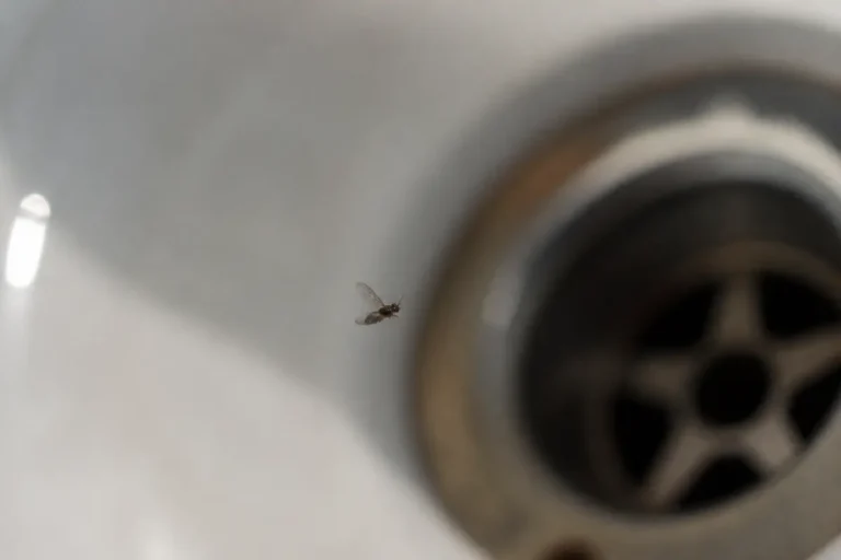 Mouche dans un évier avec un drain métallique visible en arrière-plan flou, éclairage naturel.