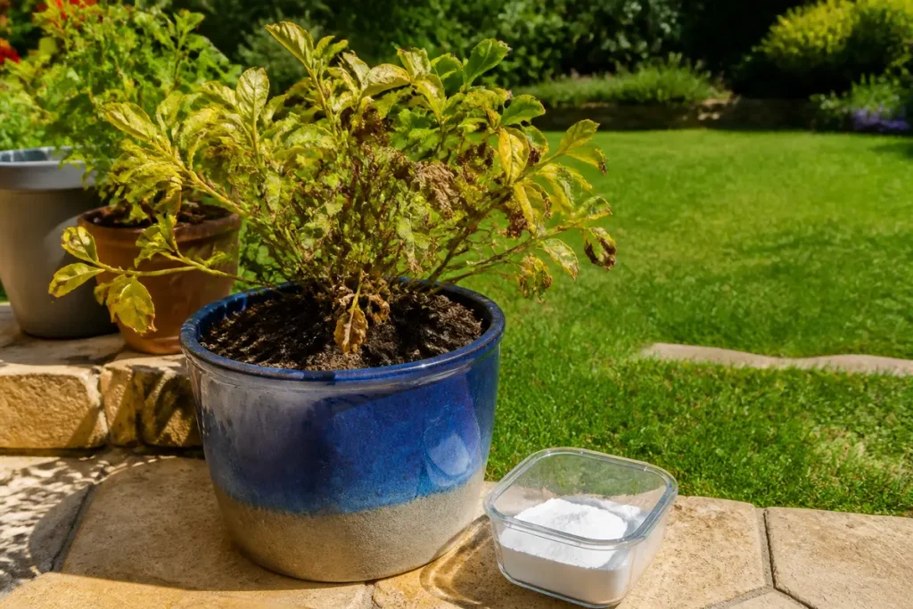 Plante en pot bleu avec feuilles jaunies, posée sur terrasse extérieure, pelouse verdoyante en arrière-plan.