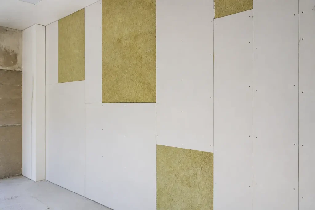 Plaques de placo isolant installées sur un mur intérieur en construction.