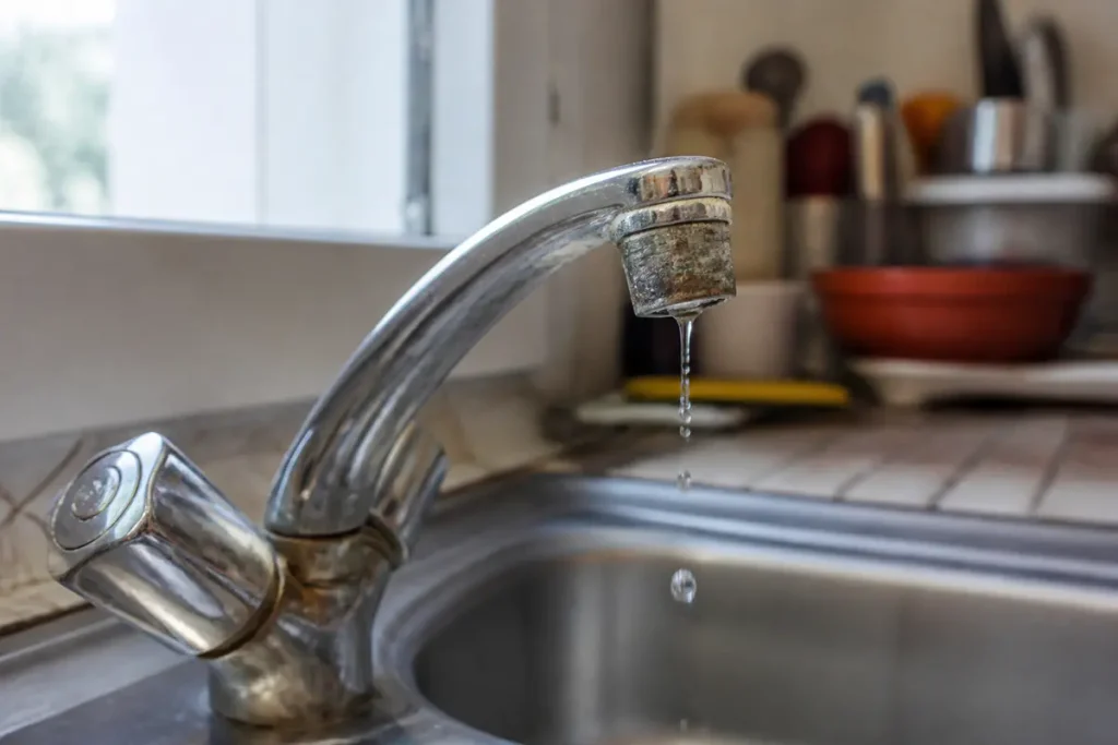 Robinet en métal avec goutte d'eau tombant dans un évier de cuisine en acier inoxydable.