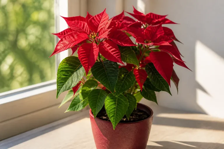 Poinsettia rouge en pot à l'intérieur près d'une fenêtre pour entretien optimal