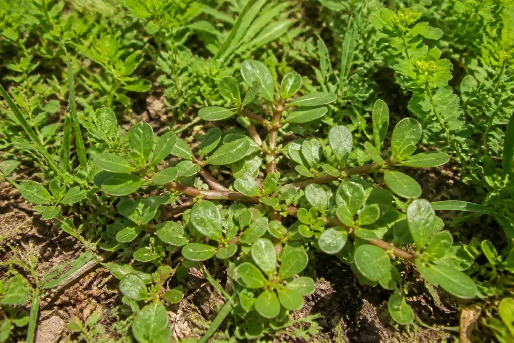 Plante de pourpier vert avec feuilles charnues ovales, poussant sur sol terreux, entourée d'autres végétaux.