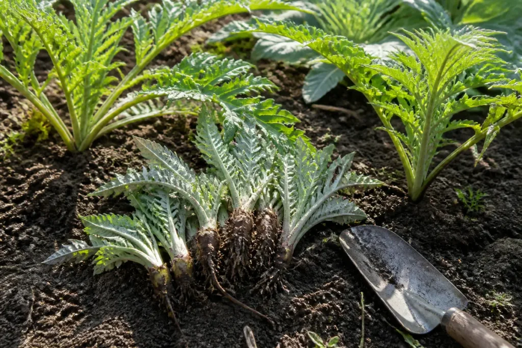 Jeunes plants d'artichaut plantés dans le sol, avec une petite pelle de jardinage posée à côté.