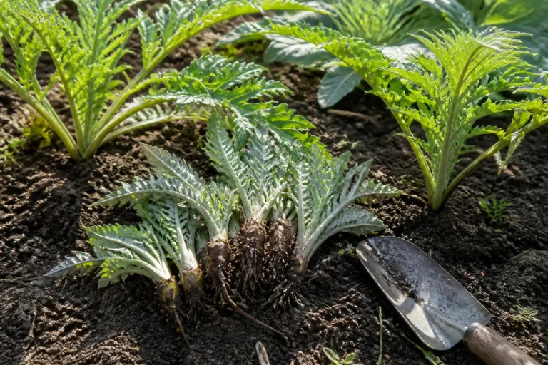 Jeunes plants d'artichaut plantés dans le sol, avec une petite pelle de jardinage posée à côté.