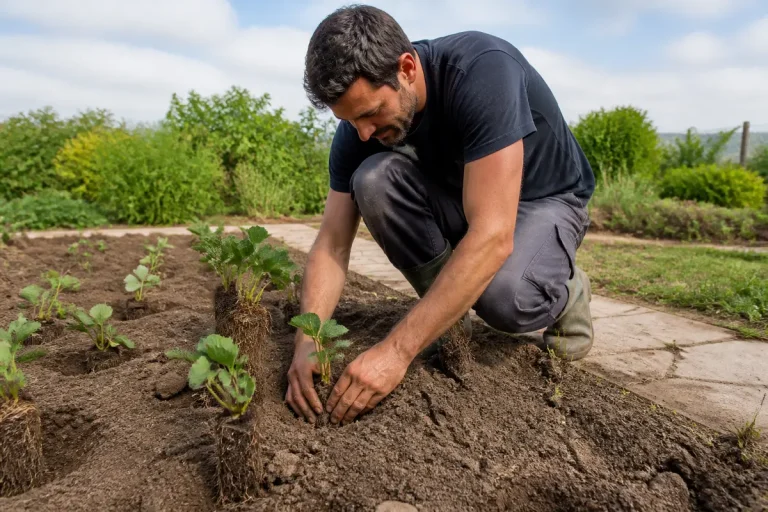 Homme plantant des fraisiers dans un jardin pour savoir quand et comment planter des fraises