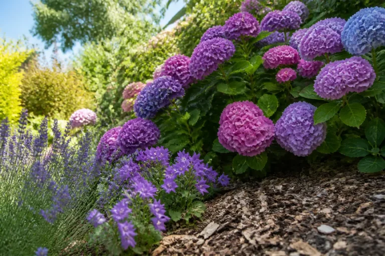 Hortensias et lavandes en fleurs dans un jardin ensoleillé avec feuillage verdoyant en arrière-plan.